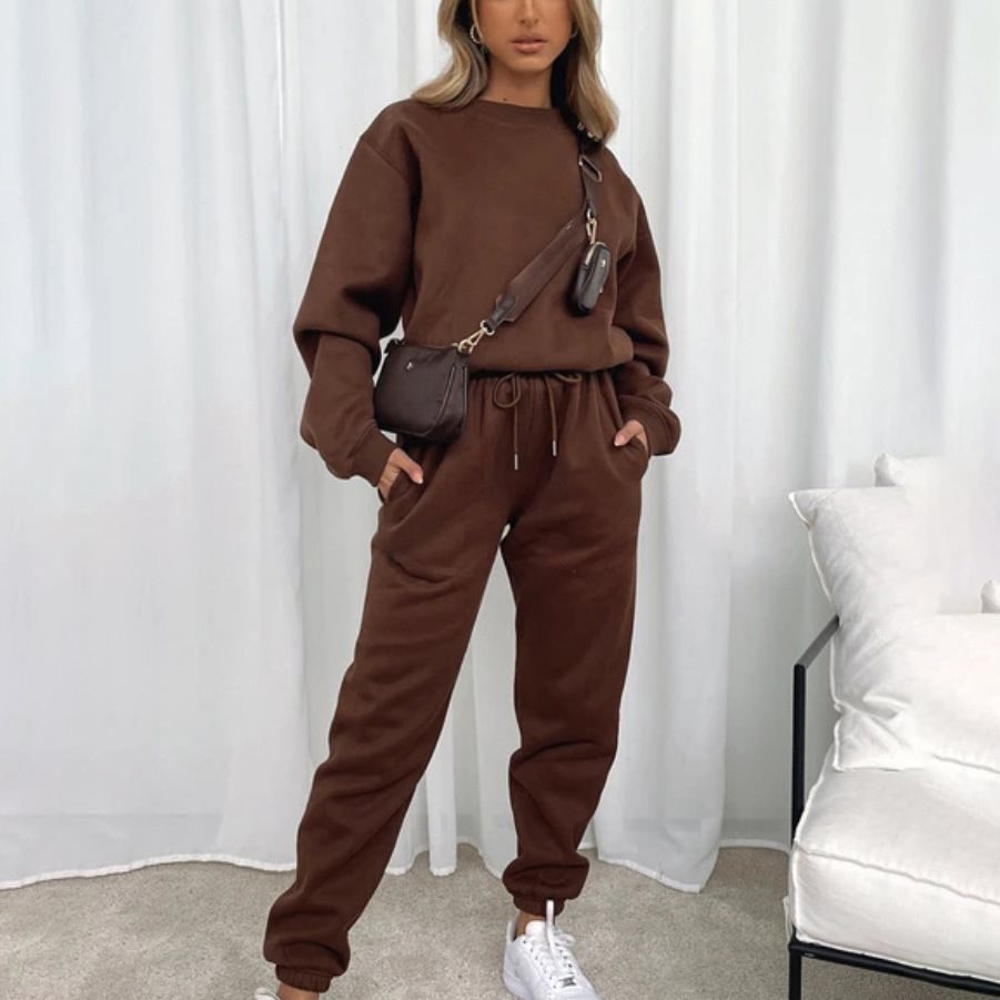 Women's Solid Color Round Neck Long-sleeved Pullover Trousers Suits