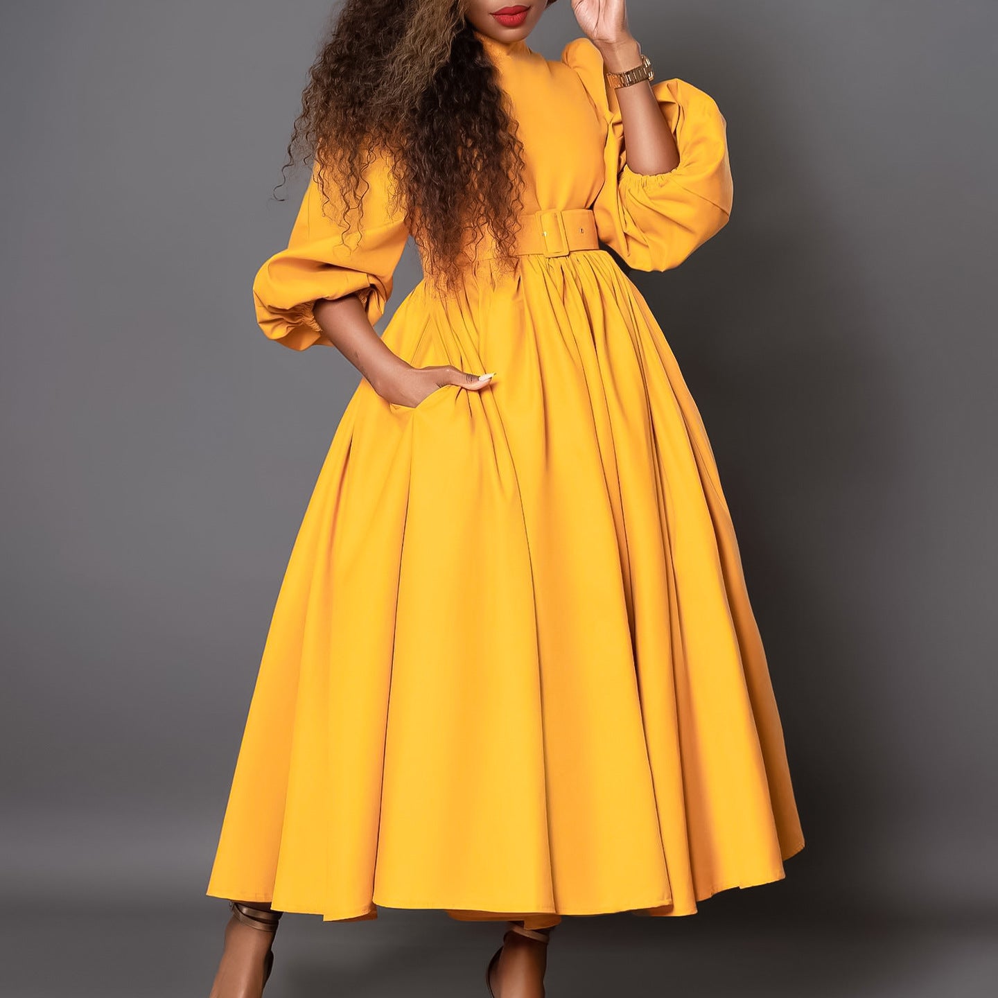 Women's Winter Collar Long Sleeves Waist Temperament Slimming Large Dress