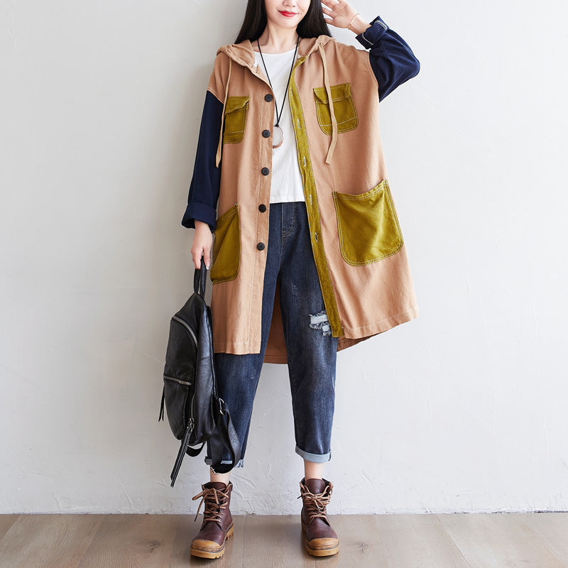 Personality Mid-length Hooded Loose Large Contrast Coats
