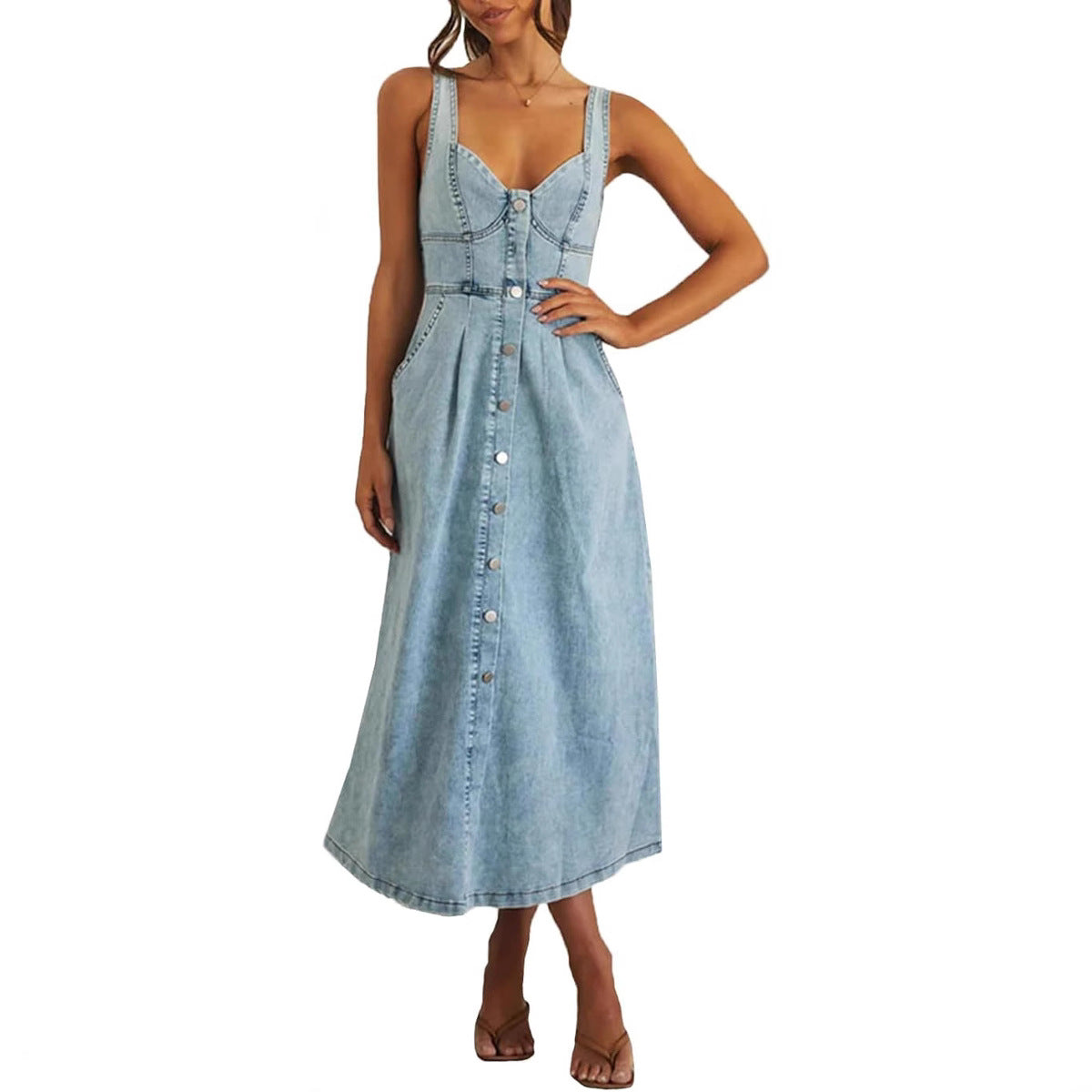 Women's Summer Blue Denim Distressed Strap Single Row Button Dress