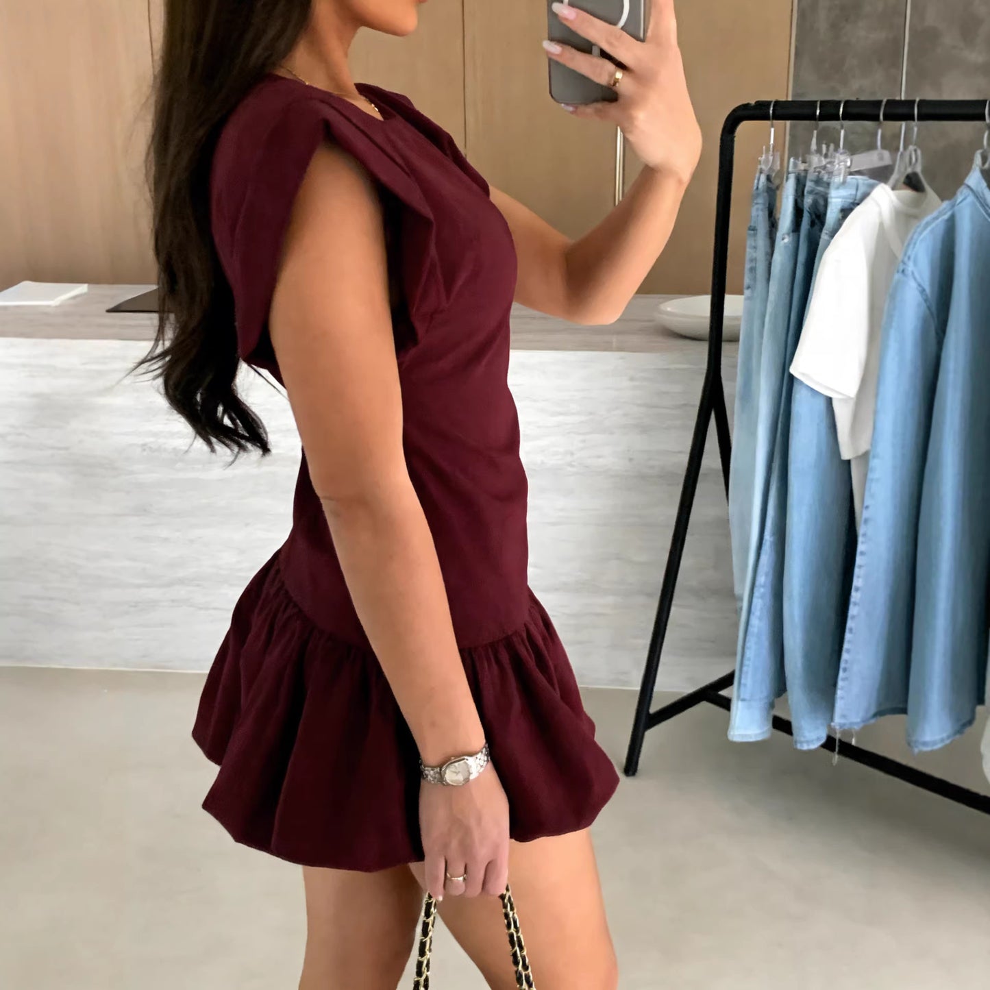 Women's Solid Color Fashion Short-sleeved Ruffled Dress
