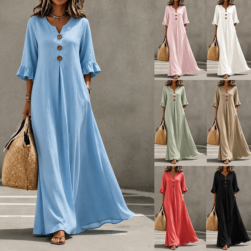 Women's Lotus Leaf Sleeve Pocket Long Fashion Dress