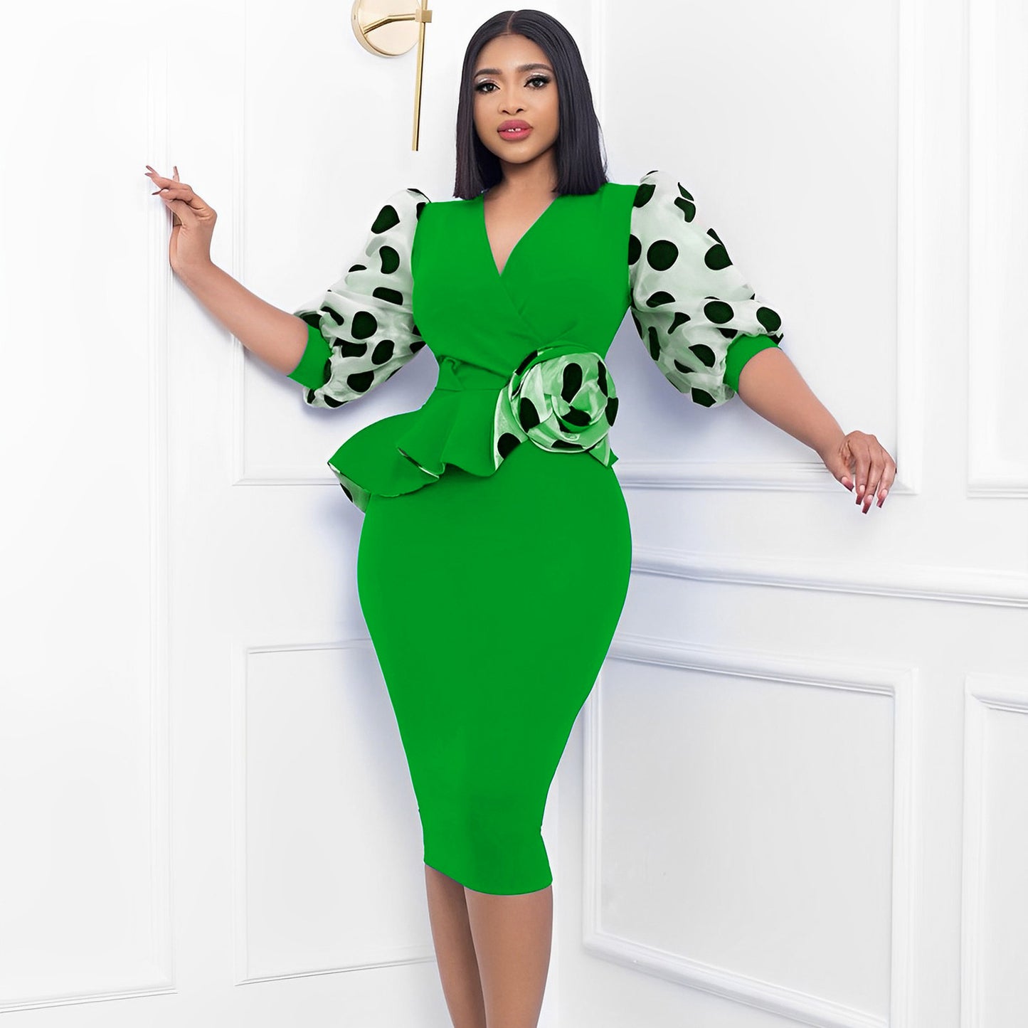 Women's Patchwork Temperament Mesh Puff Sleeve Pencil Dress