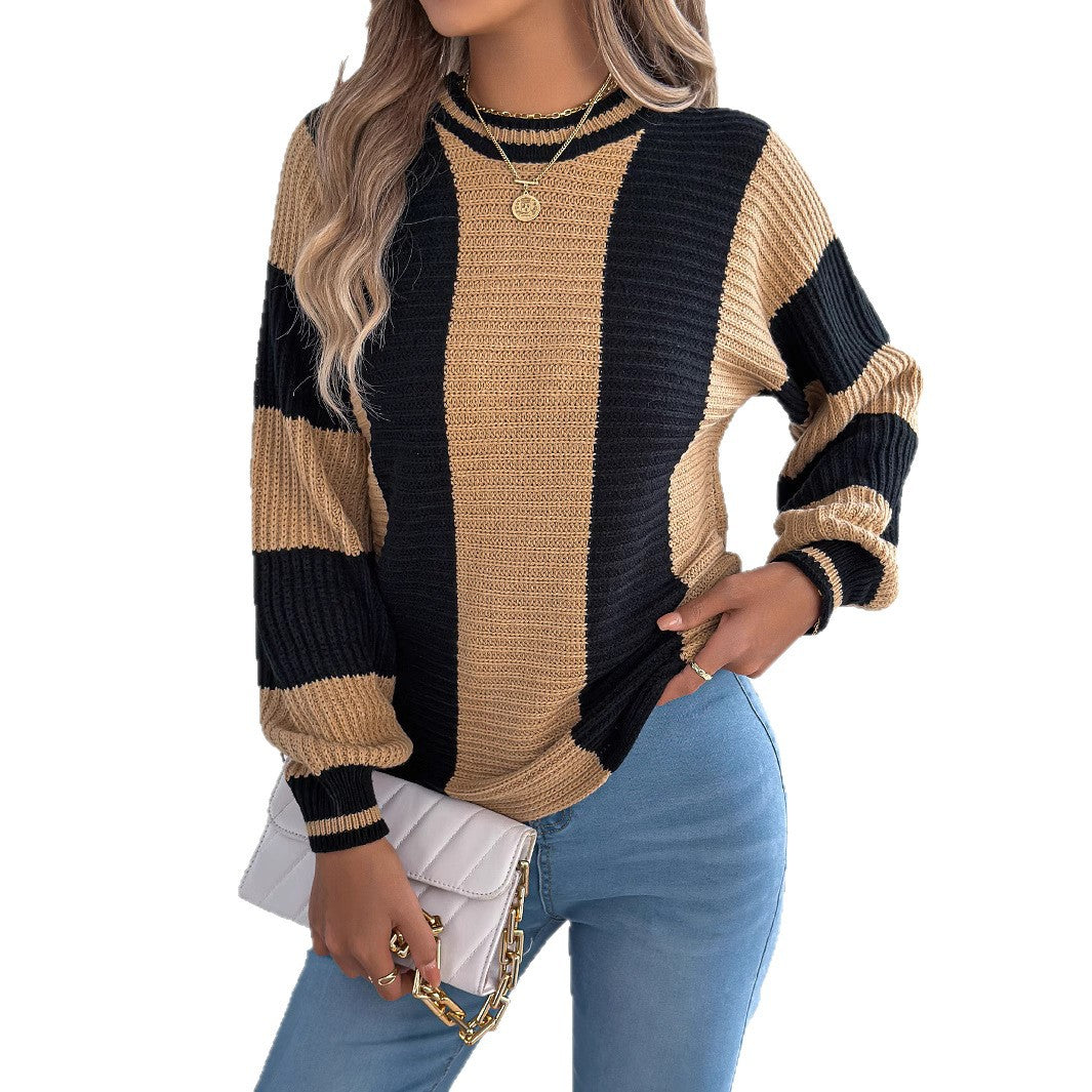 Women's Casual Contrast Color Striped Lantern Long Sleeve Sweater