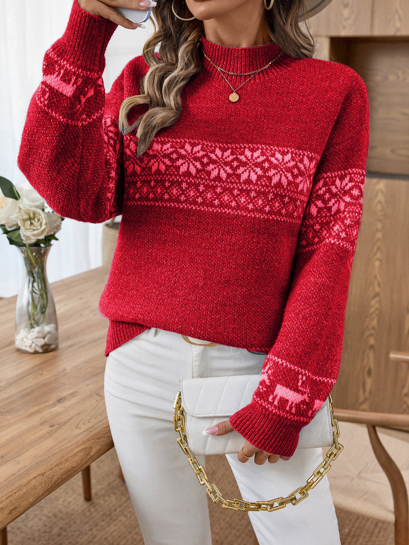 Women's Snowflake Brocade Half Turtleneck Pullover Long Sweater