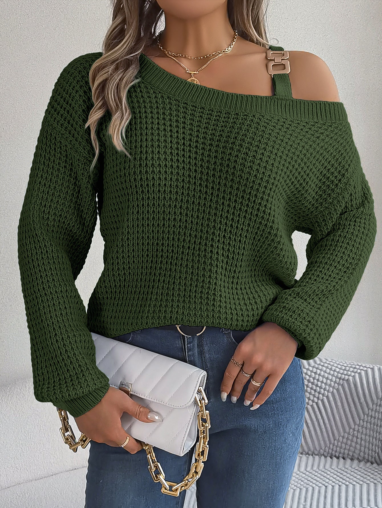 Women's Casual Metal Buckle Lantern Sleeve Pullover Clothing