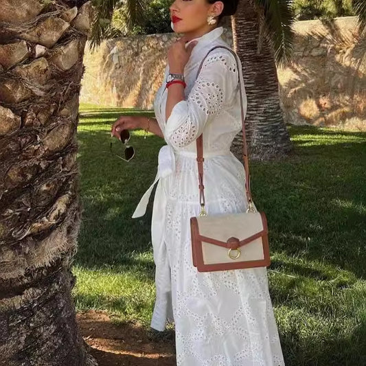 Women's Embroidered Stand Collar Belt Dress Slim Fit Dresses