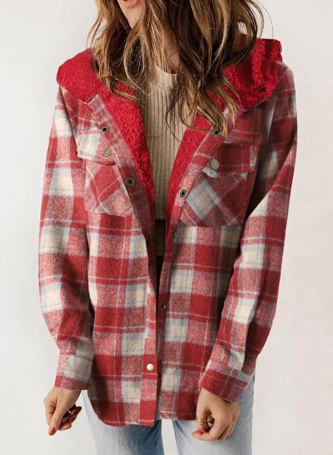 Women's Plaid Long Sleeve Furry Hooded With Coats