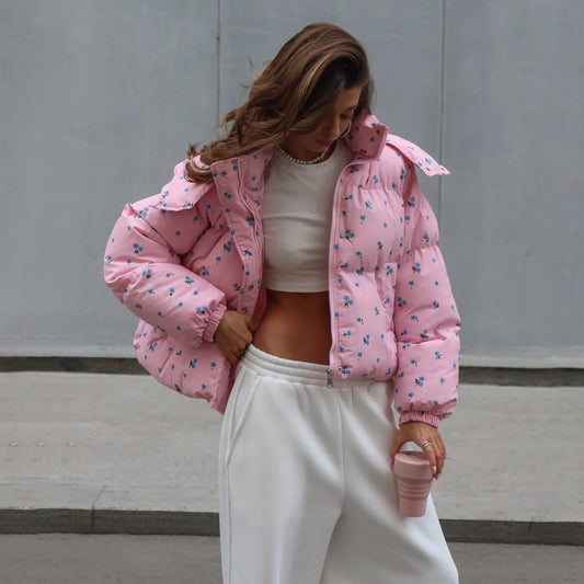 Women's Floral Bread Hoodie With Drawstrings Cotton Coats