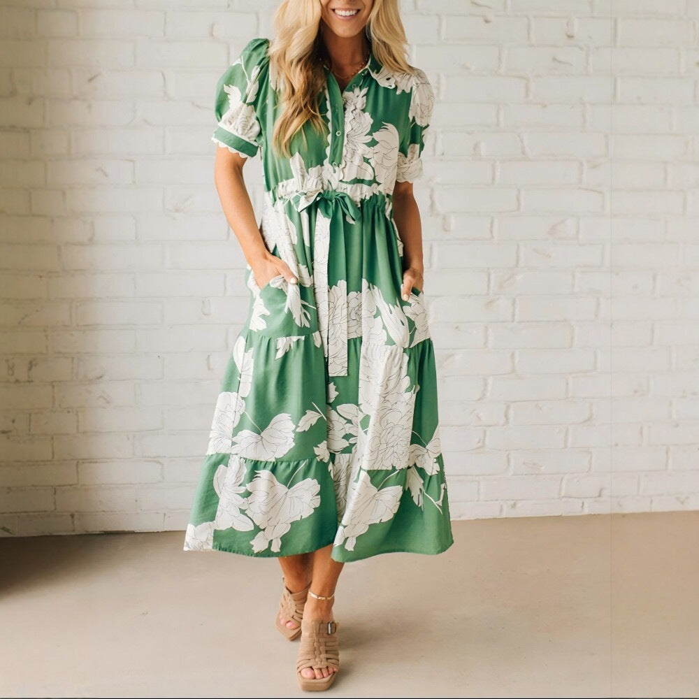 Lapel Print Ribbon Stitching Bohemian Holiday Dress