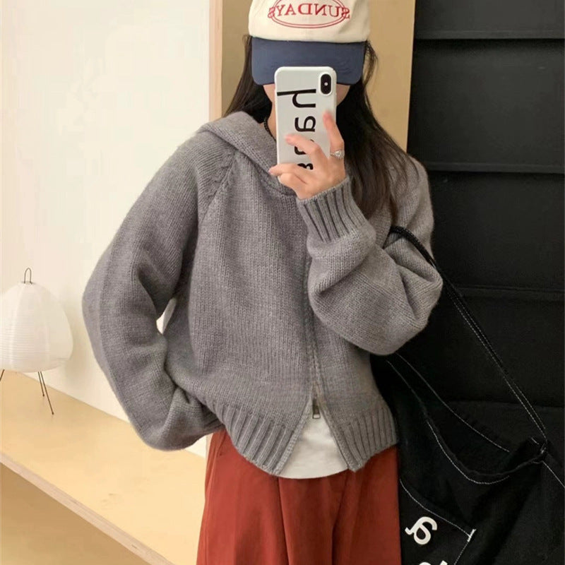 Women's Idle Hooded Knit Loose High-grade Double Zipper Women's Sweater