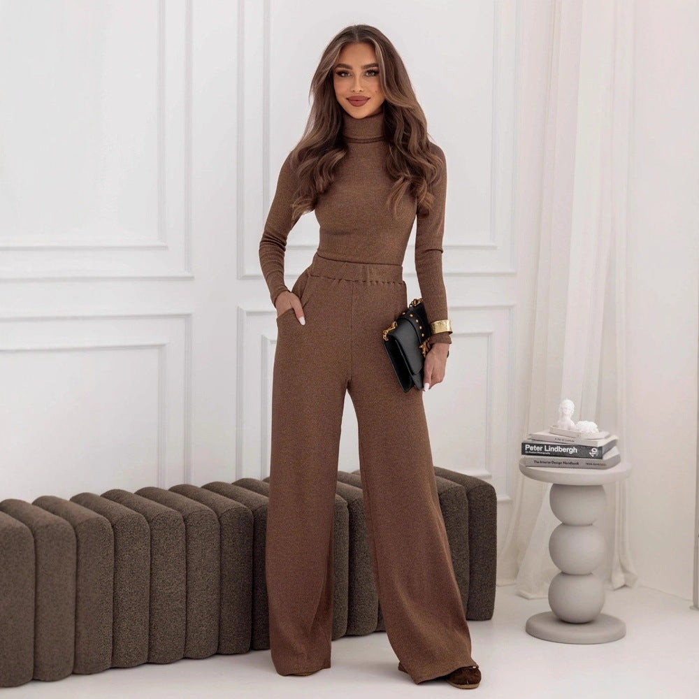 Fashionable Graceful Turtleneck Knitting Pullover Wide Leg Two-piece Fashion Casual Suit