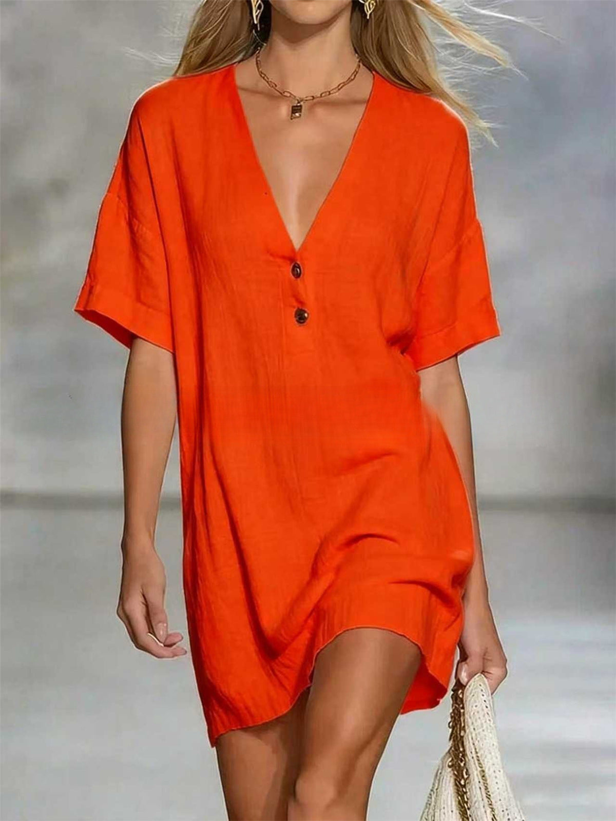 Women's Fashion Sleeve Solid Color Casual Button Dress
