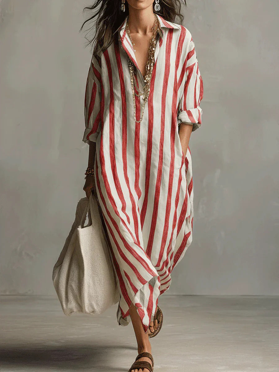 Women's Fashionable Loose Long Striped Summer Ninth Dress