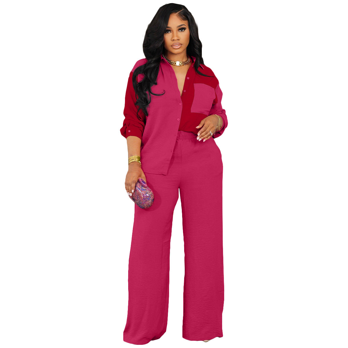 Women's Color Matching Pocket Casual Shirt Two-piece Suits