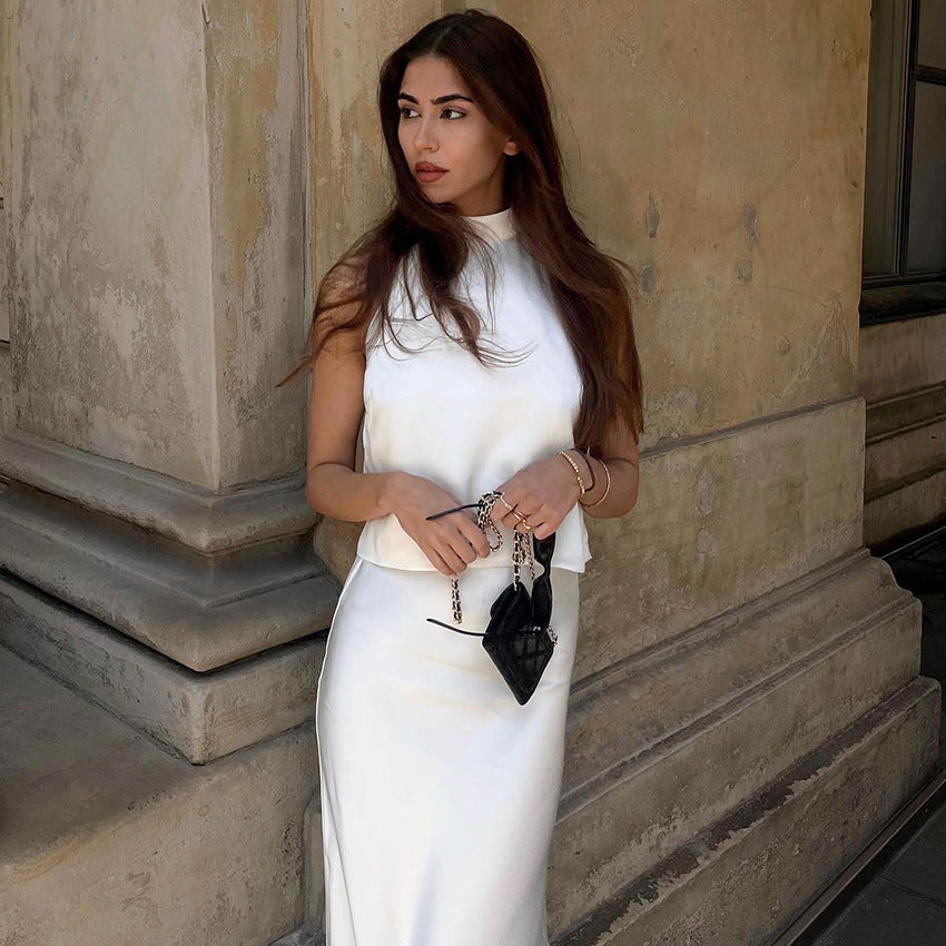 Acetate Satin White Sleeveless Halter Fishtail Suits