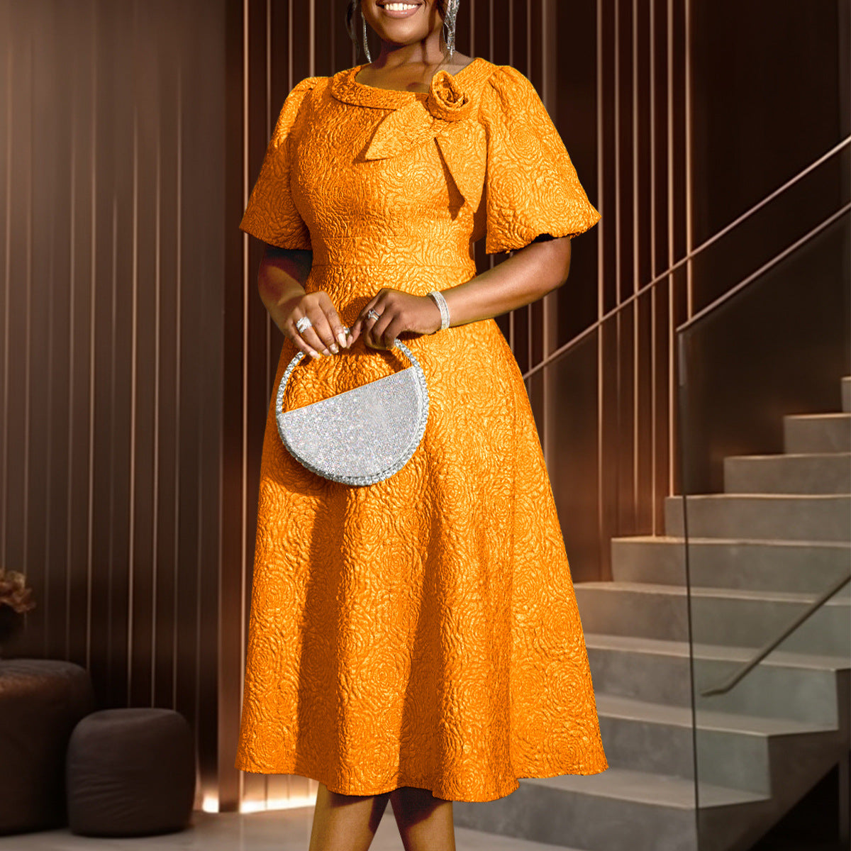 Rose Jacquard Round Neck Dress Commuter Dresses