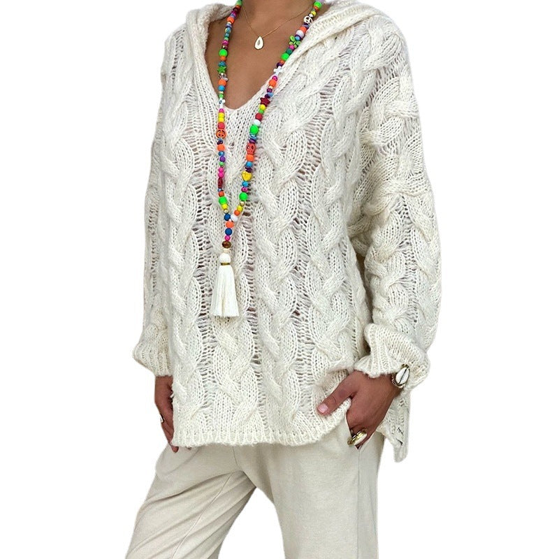 Women's Solid Color Twist Knitted Hoodie Sweater