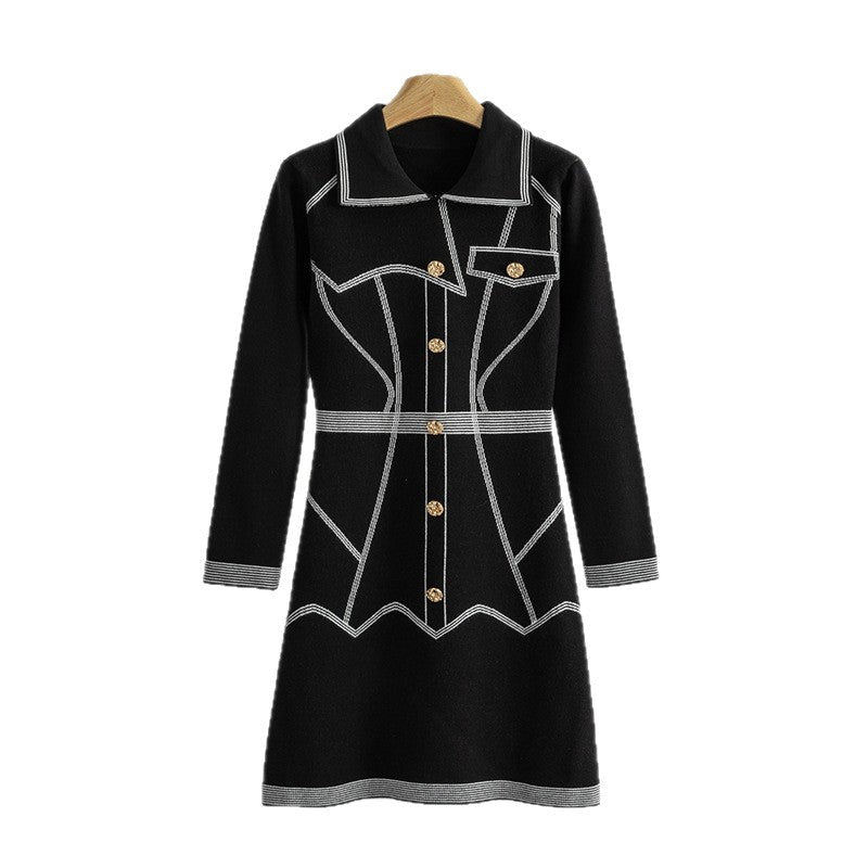 Women's Classic Style Knitted Collar Fitted Waist Striped Mid-length Temperament Dress
