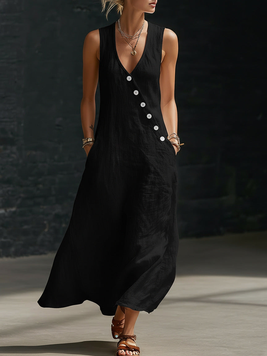 Idle Style Double-breasted Cotton Linen Sleeveless Dress