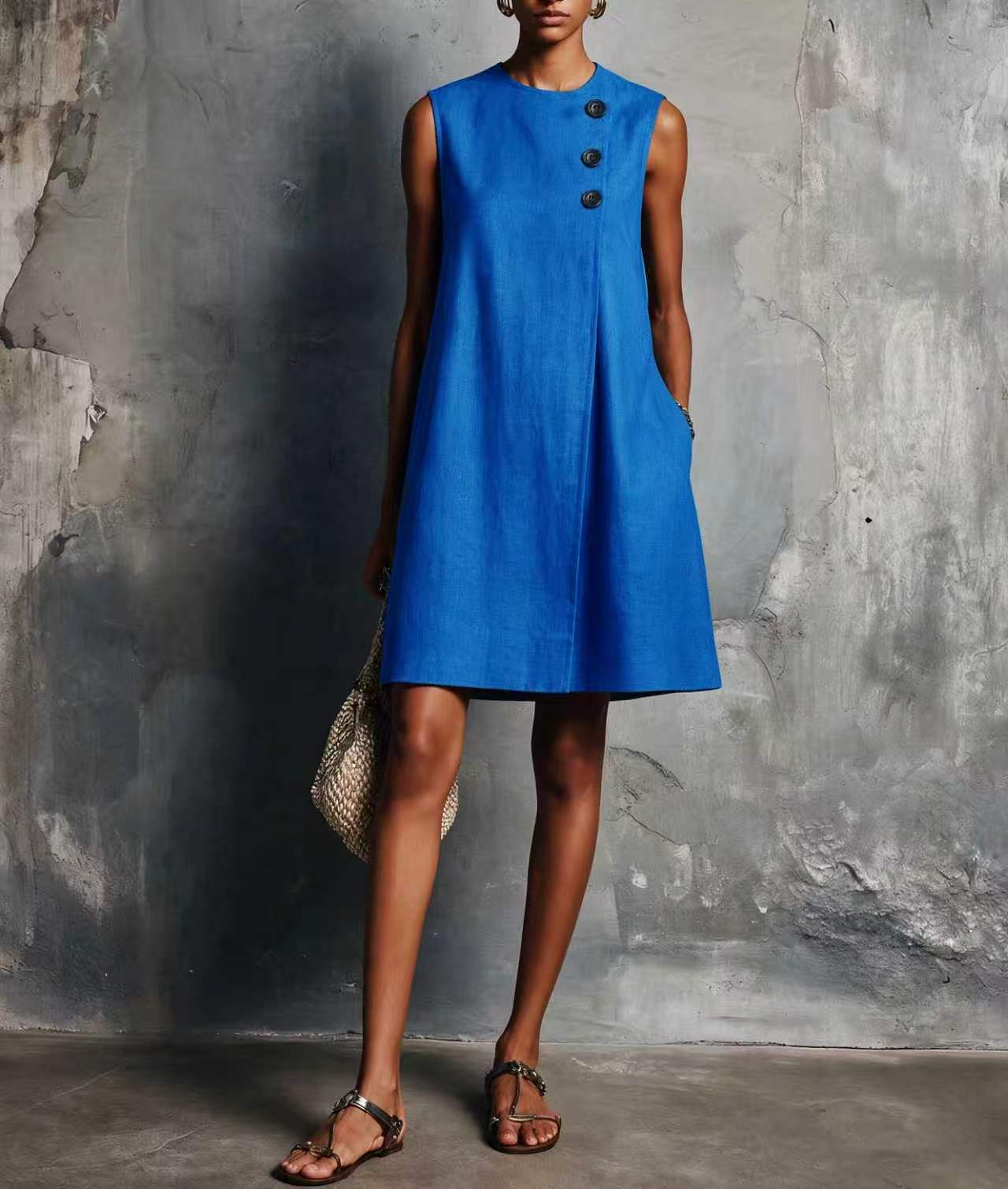 Women's Blended Round Neck Asymmetric Button Side Dress