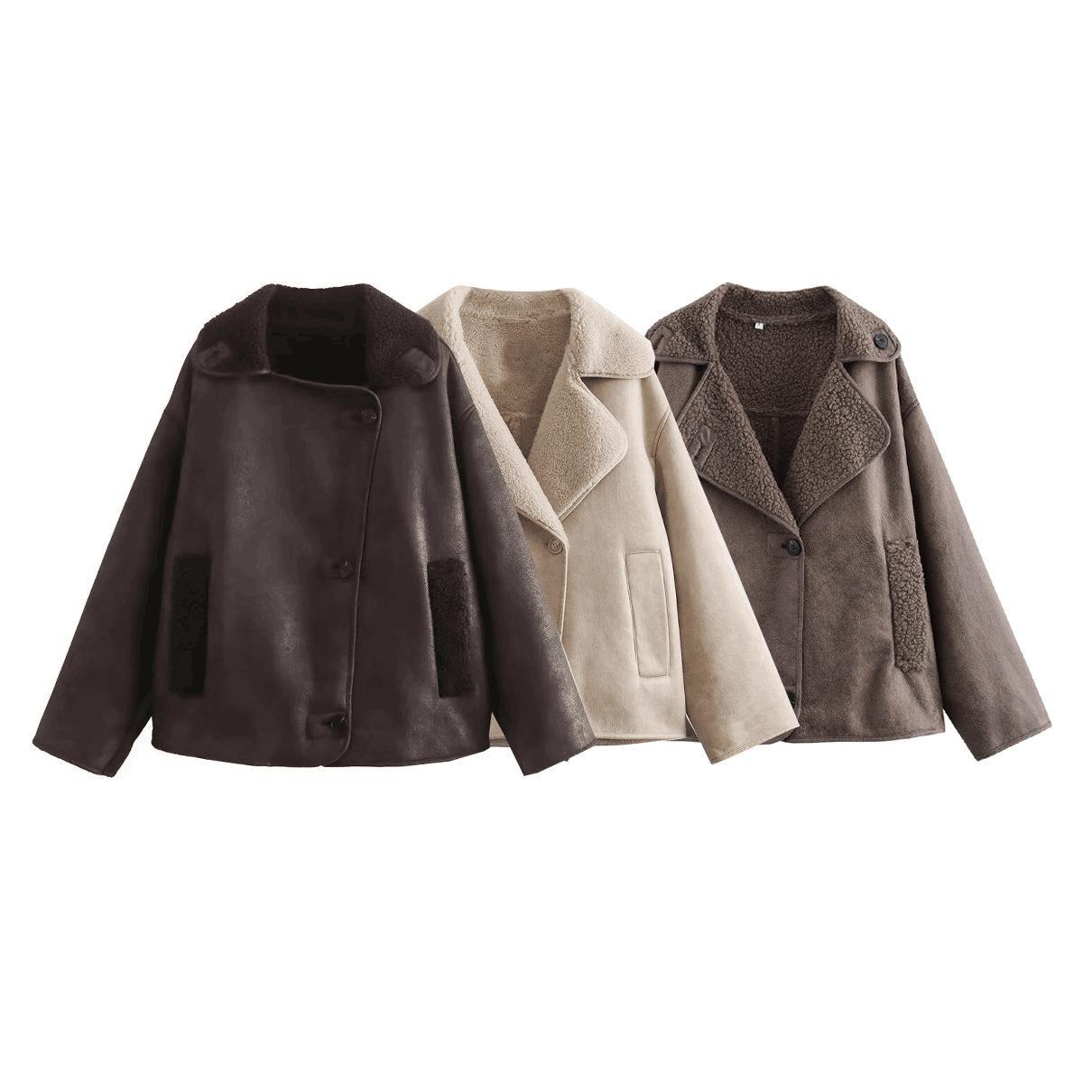 Women's Retro Style Woolen Lapel Loose Fur Tops