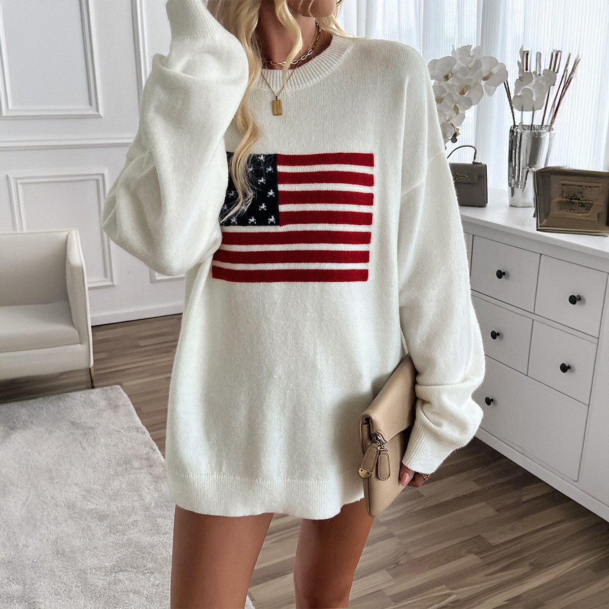 Women's Casual Loose Yarn-dyed Independence Day Long Sweaters