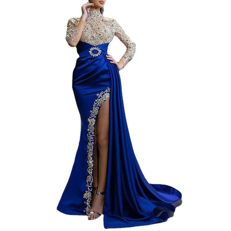 Women's Blue Gold Split Stitching Neck Dress