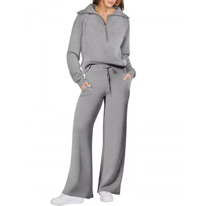 Women's Exercise Zipper Sweatshirt Wide Leg Pants