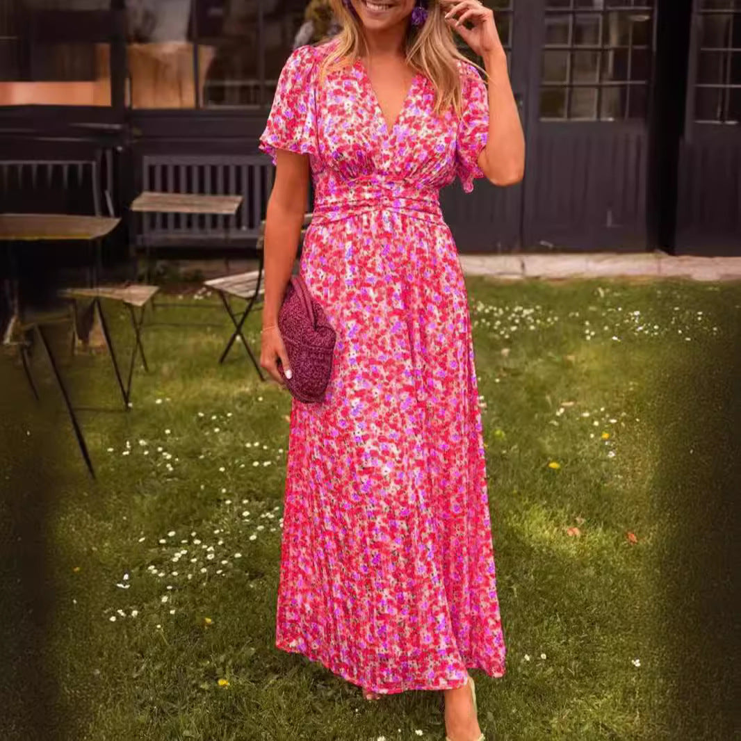 Women's Fashion Temperament Printed Waist Dress Dresses