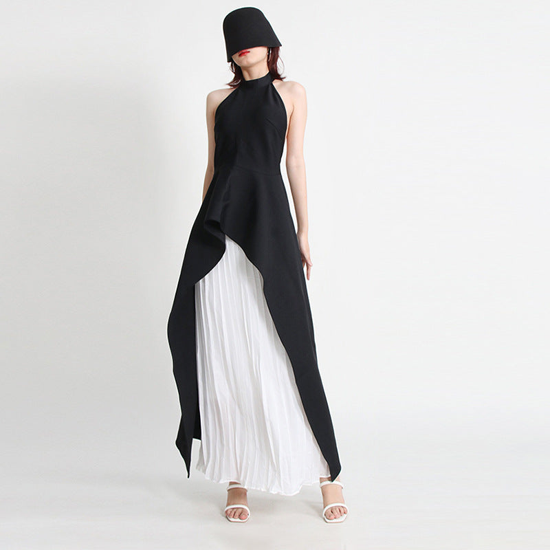 Women's Sleeveless Irregular Black White Color Matching Suits