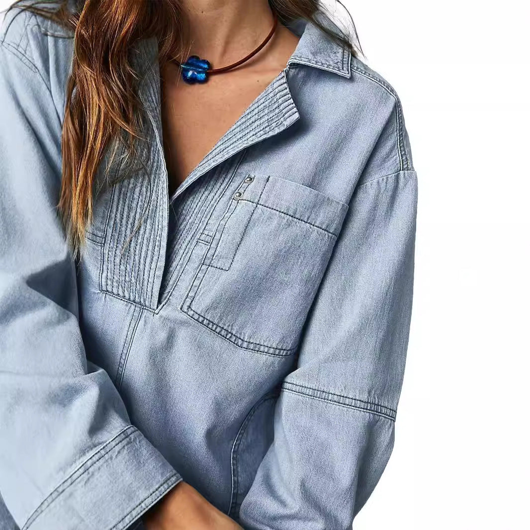 Women's Fashionable Casual Figure Flattering Denim Long-sleeved Blouses