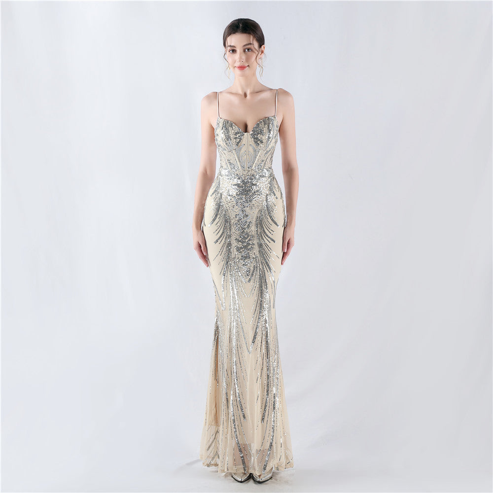 Shaping Waist Fishbone Sequined Positioning Flower Evening Dresses