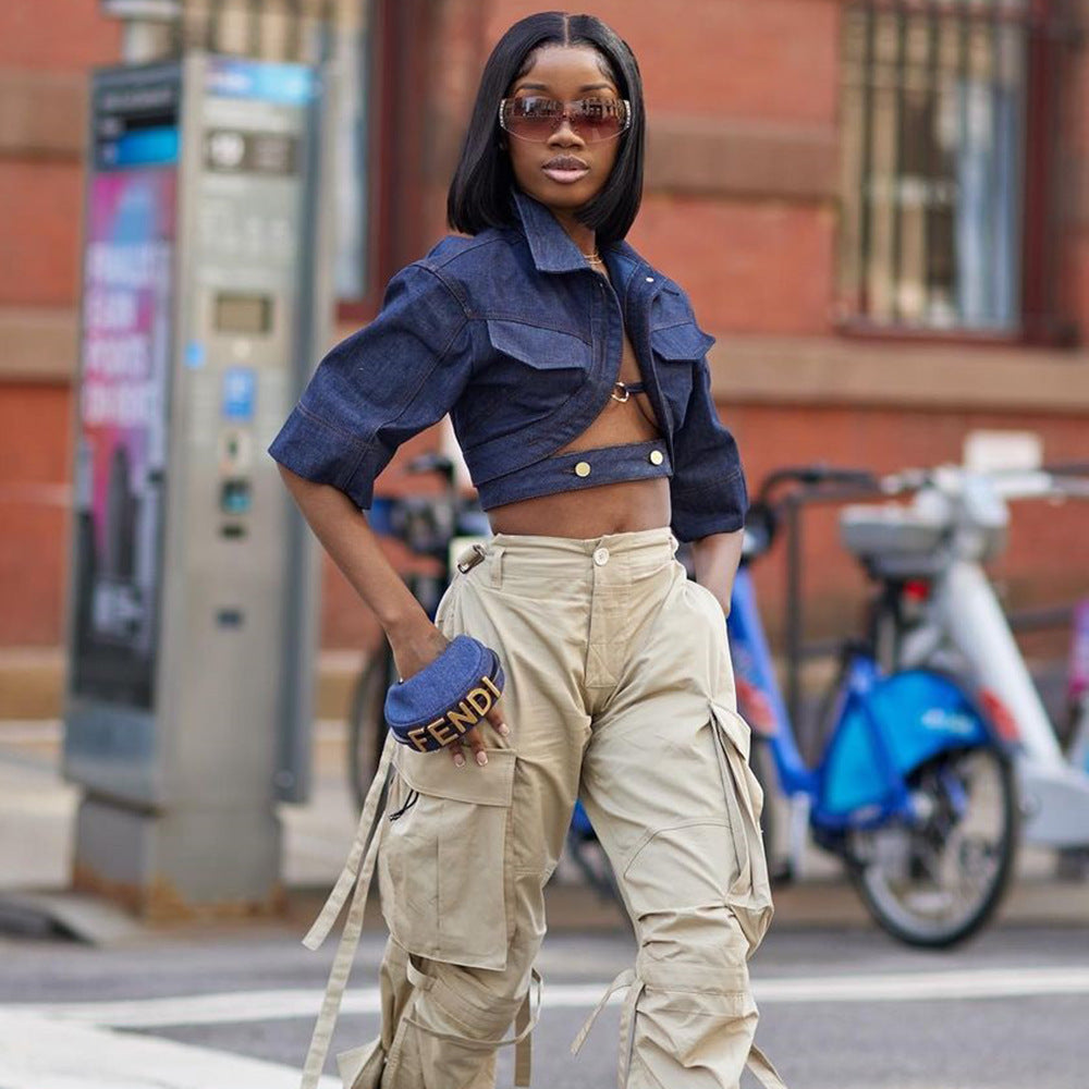 Women's Polo Collar Bandeau Sexy Cropped Denim Jackets