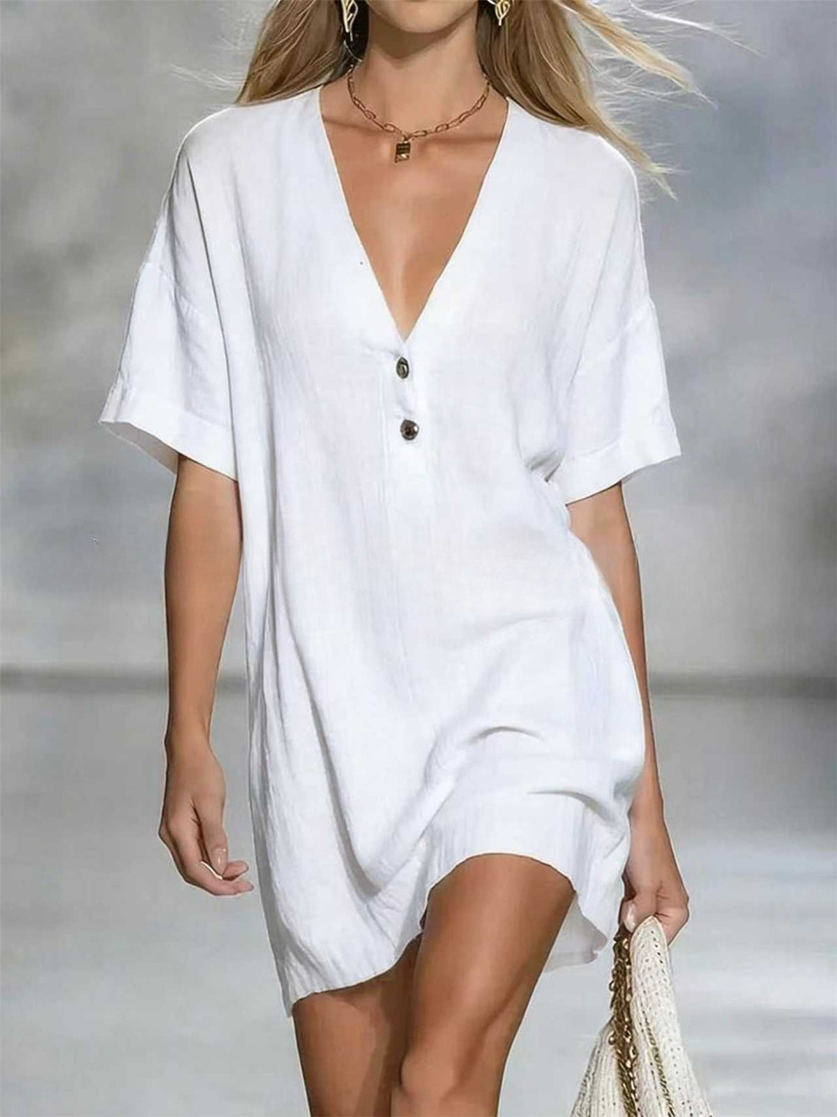 Women's Fashion Sleeve Solid Color Casual Button Dress
