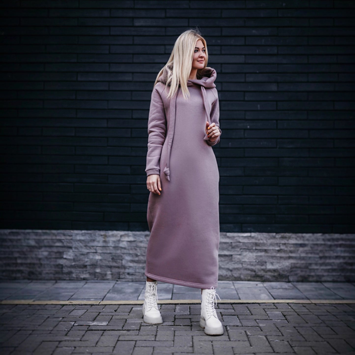Oversized Knit Hooded Brushed Hoody Casual Fashion Stitching Dress