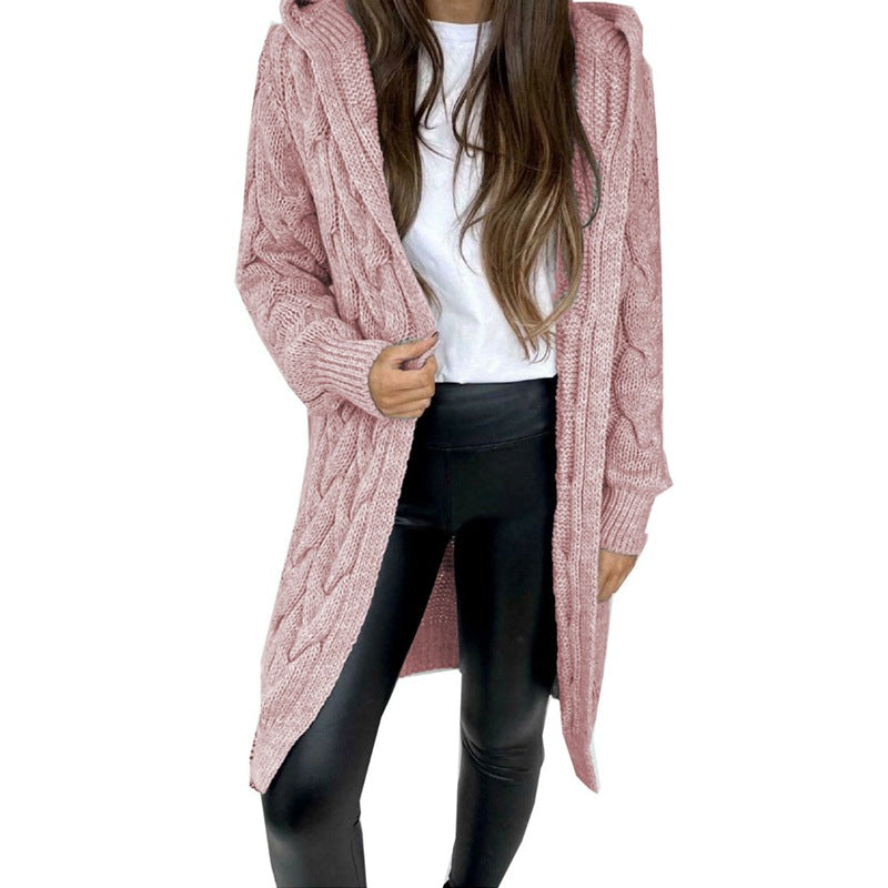 Mid-length Solid Color Twist Hooded Knit Women's Sweater