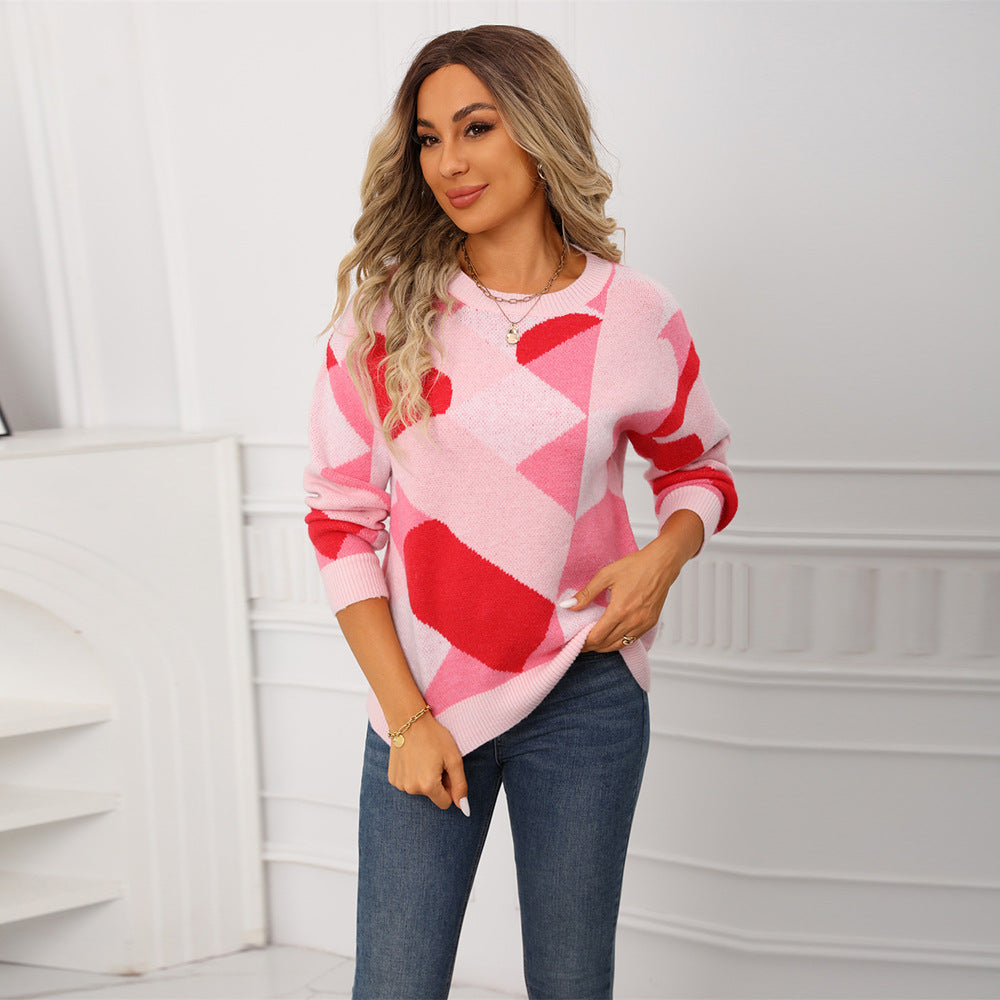 Round Neck Knitted Chessboard Plaid Love Sweater