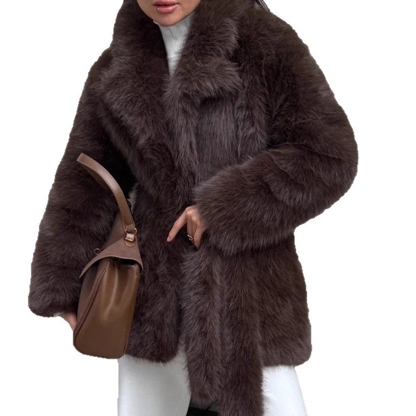 Women's Winter Thickened Faux Fur Mid-length Belt Fox Coats