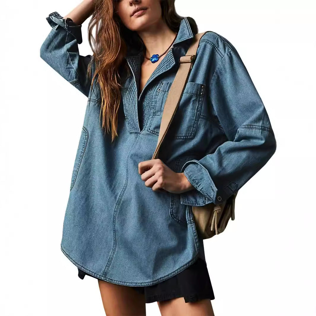 Women's Fashionable Casual Figure Flattering Denim Long-sleeved Blouses