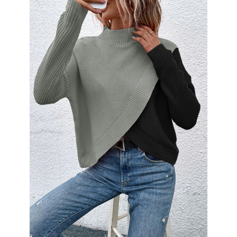 Women's Turtleneck Knitted Asymmetric Cross Hem Loose Slimming Long Sweaters