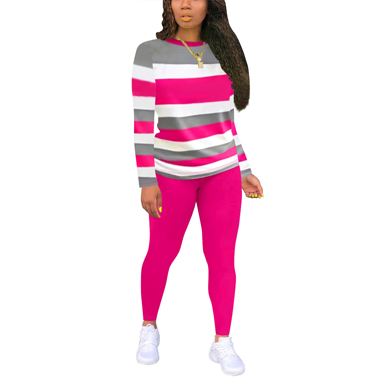 Women's Color Gradient Printing Round Neck Long Sleeve Trousers Suits
