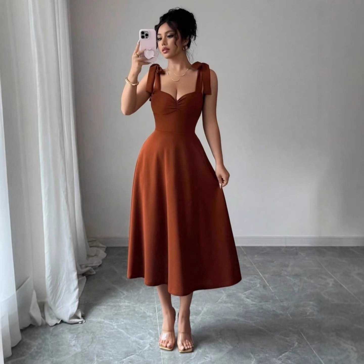 Summer Solid Color Suspender Waist Slimming Elegant Dress