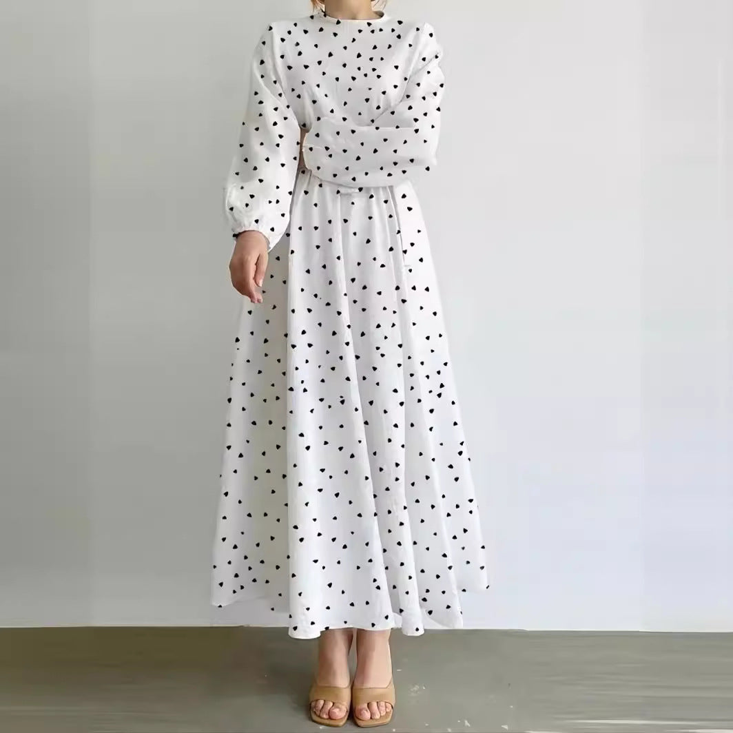 Loose Long Sleeves Round Neck Heart Shape Printed Dress