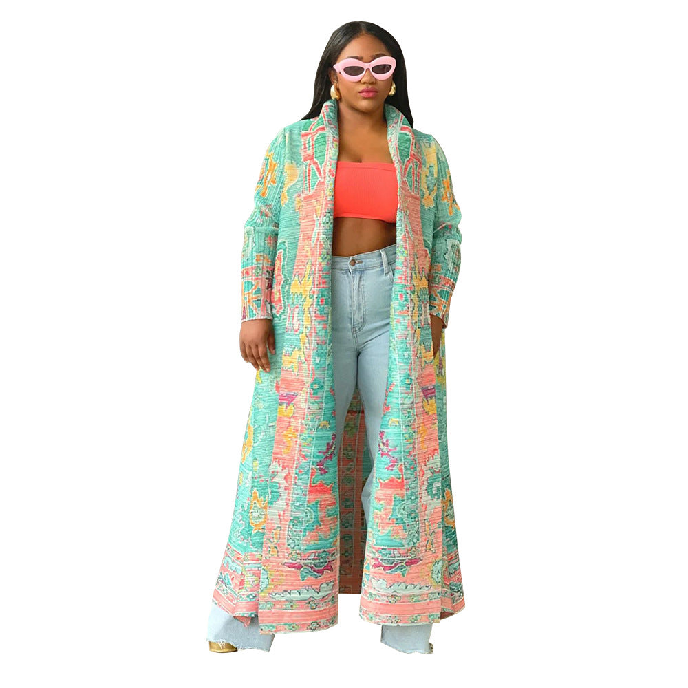 Women's Popular Pleated Printed Trench Long Coats