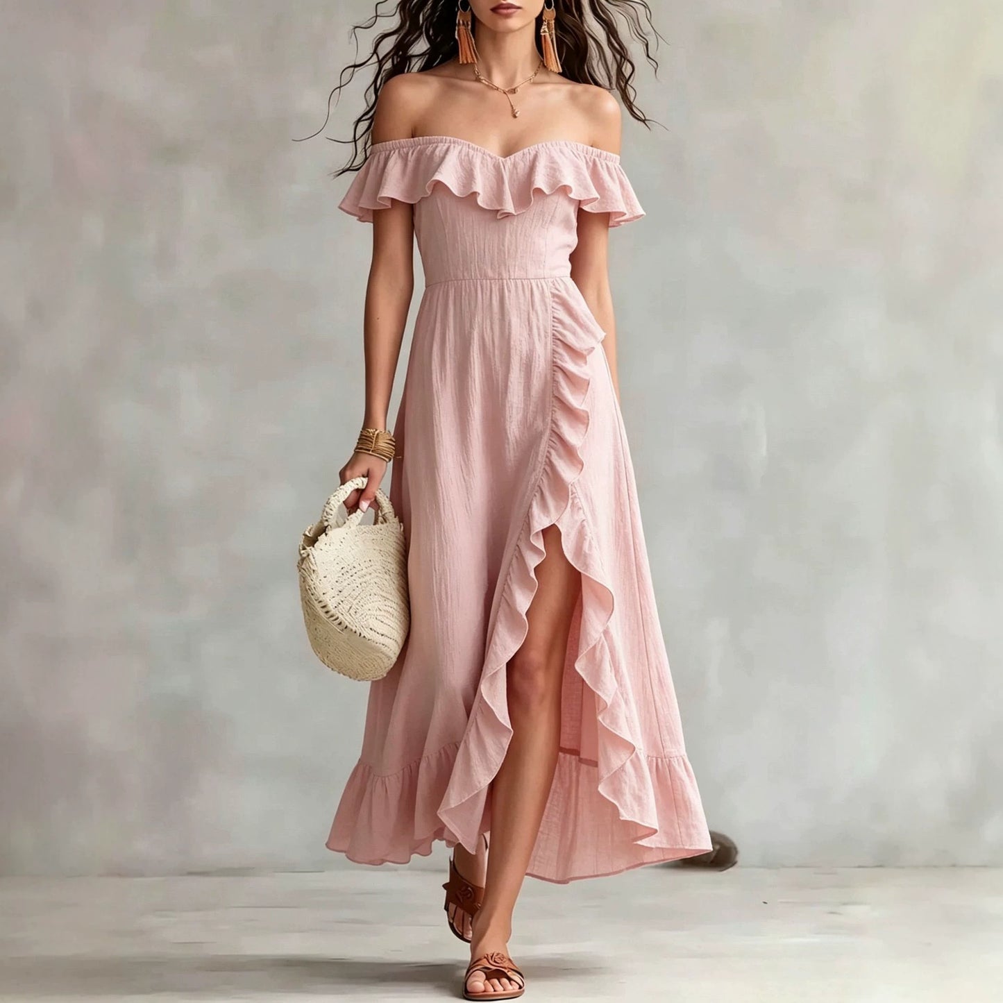 Women's Summer Collar Sleeveless Pink Ruffled Split Dress