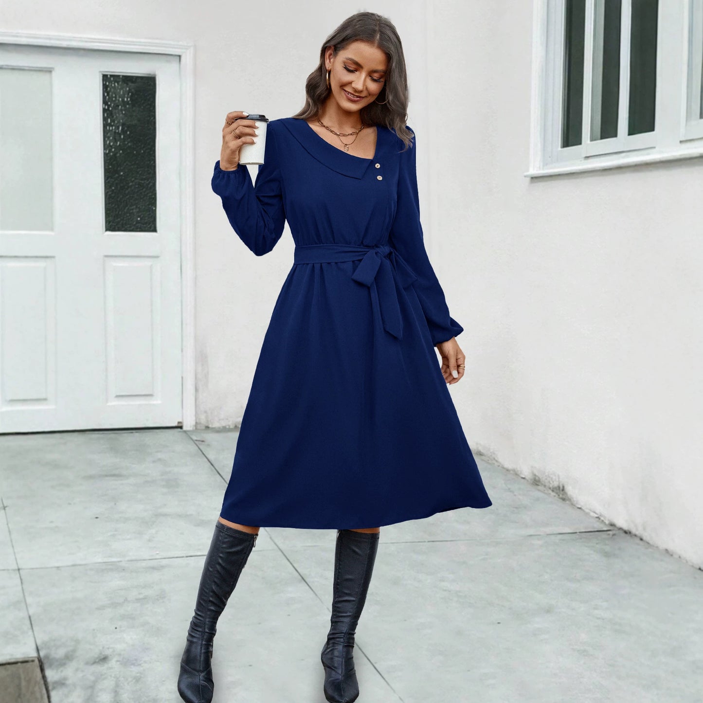 Women's Irregular Collar Button Long Sleeve Dress