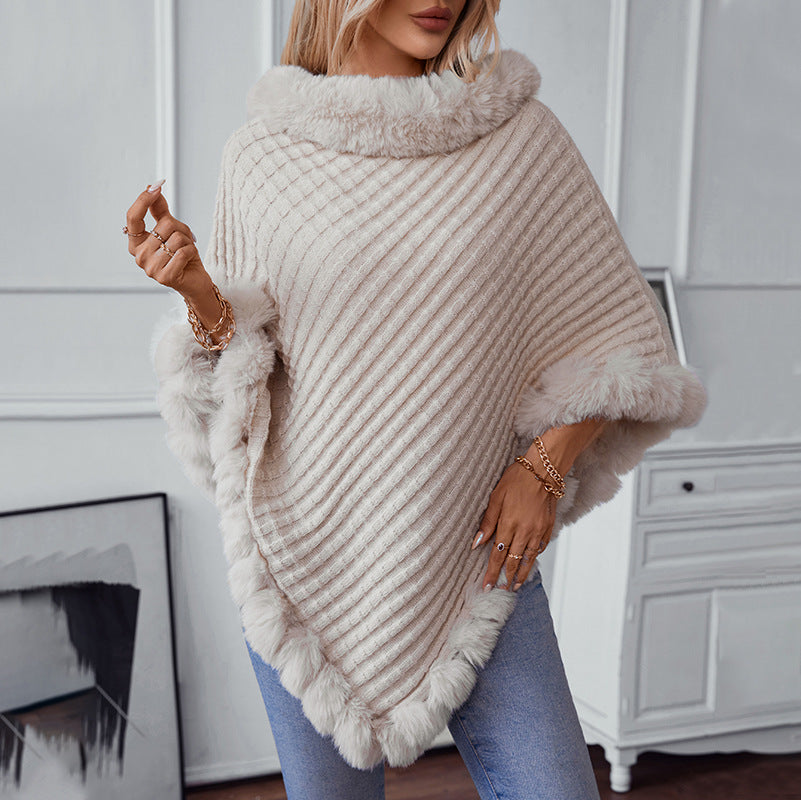 Women's Solid Color Fur Collar Pullover Thick Retro Plaid Women's Sweater