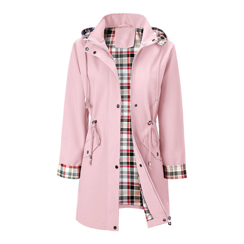 Women's Hooded Drawstring Plaid Lined Trench Coats