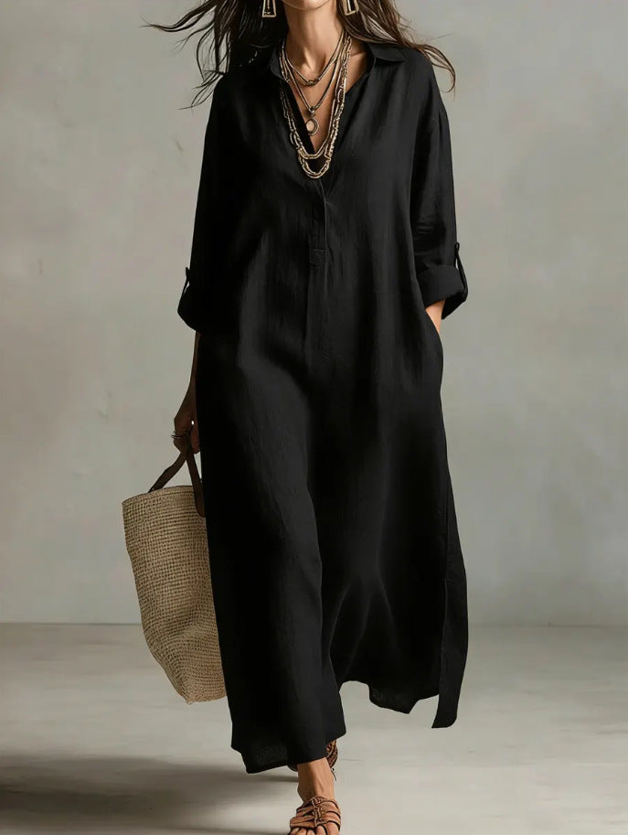 Solid Color Polo Collar Casual Long Sleeve Shirt Idle Dress